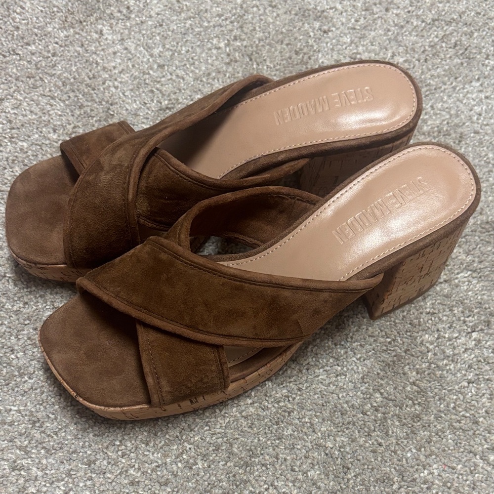 Steve Madden Brown Suede Cross-Strap Cork Block Heel Mules